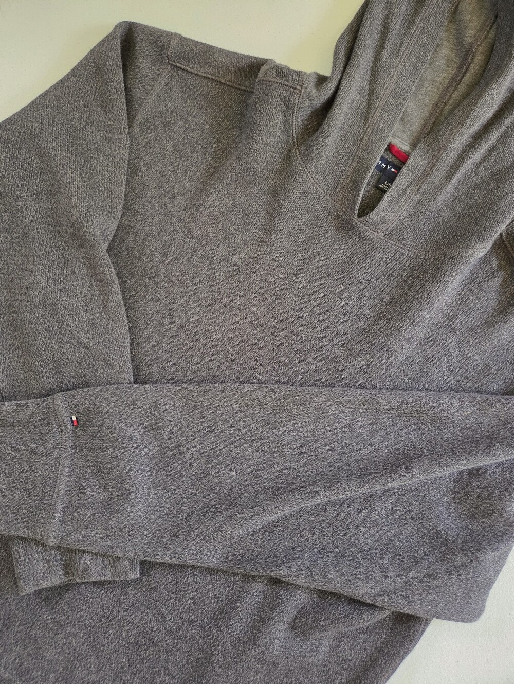 Vintage Tommy Hilfiger Blue Gray Fine Knit Hooded Pullover Sweater Mens L